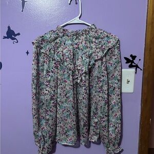 Sheer Floral Ruffle Neck Long Sleeve Top - Pink Multi